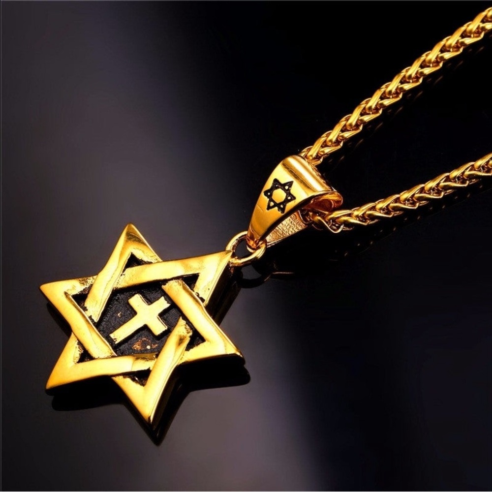 🕊Bold & Beautiful Gold Star Of David & Cross Of Christ Alpha Omega Necklace!